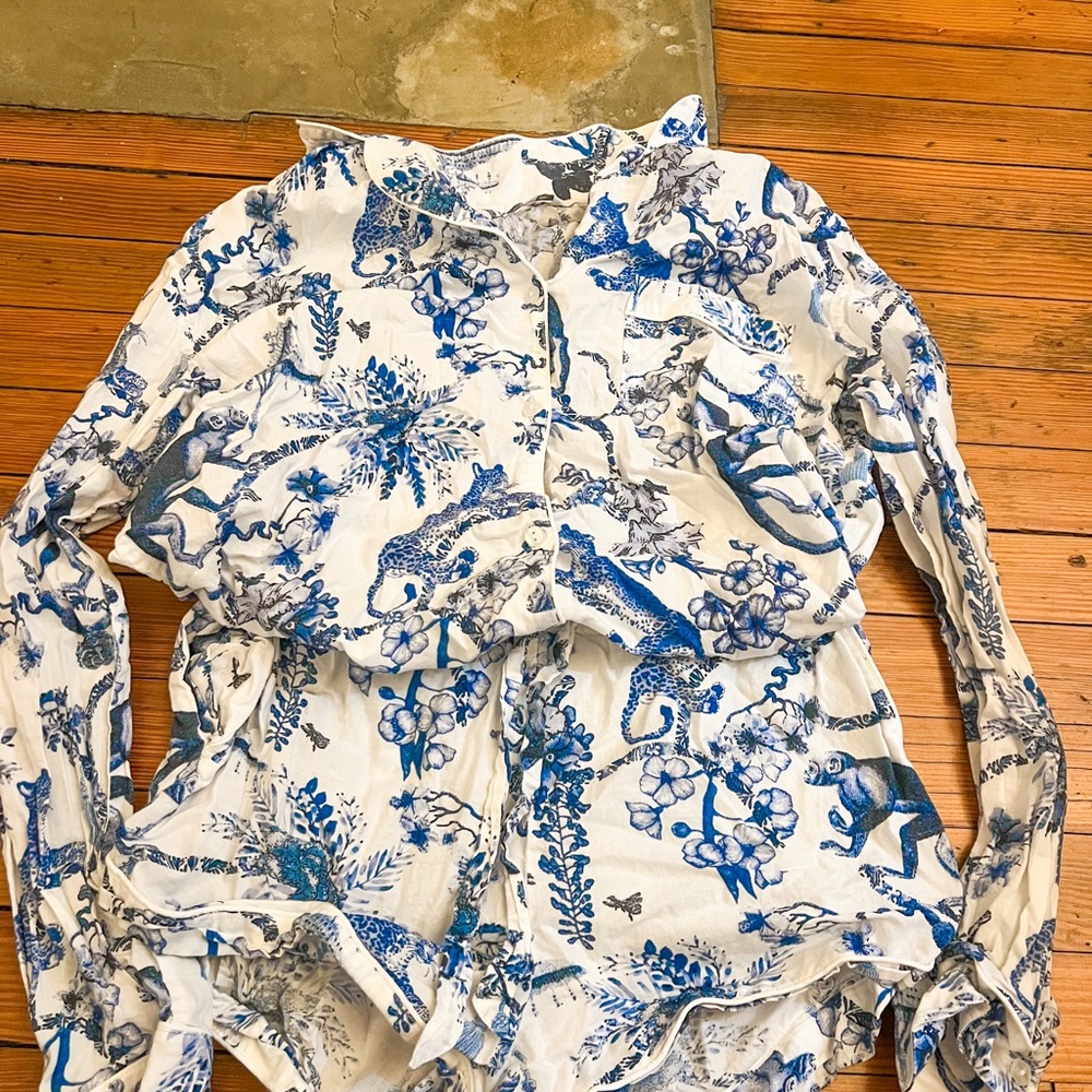 Blue and White Animal Print Pajama Set